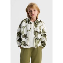 Nk Kids Kız Çocuk 4-8 Yaş Motifli Keten Bomber Ceket Ekru-Yeşil