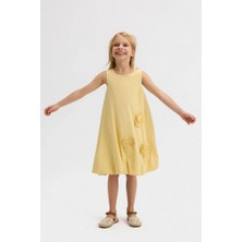 Nk Kids Kız Çocuk 4-8 Yaş Çiçek Işlemeli Crep Kumaş Balon Elbise Sarı
