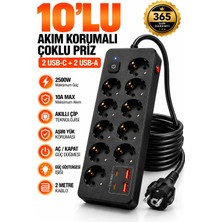 Saymond Pro Akım Korumalı Topraklı 10'lu Çoklu Priz 2 Usb-C 2 Usb-A Çıkışlı 2500W Anahtarlı Uzatma Prizi