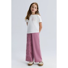 Nk Kids Kız Çocuk 8-14 Yaş Çiçek Nakışlı Kısa Kol T-Shirt Ekru-Pembe