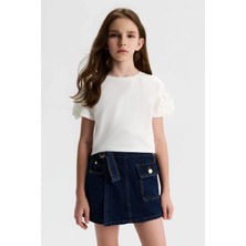 Nk Kids Kız Çocuk 8-14 Yaş Boncuklu Çiçek Işlemeli Kısa Kol T-Shirt Ekru