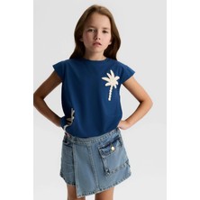 Nk Kids Kız Çocuk 8-14 Yaş Palmiye Nakışlı Kısa Kol T-Shirt Lacivert