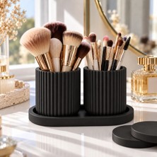 Banyo ve Makyaj Organizer Seti – 4 Parçalı Modern Tasarım, Çizgili Kapaklı Kutu & Tepsili Düzenleyici