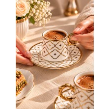 Decoform 6’lı Porselen Boncuk Kulplu Gold Yaldızlı Geometri Premium Kahve Fincan Takımı