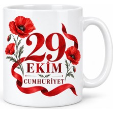 Dolozena 29 Ekim Cumhuriyet Gelincik Çiçekli Porselen Kupa - Kırmızı Beyaz Tasarım - Model 260