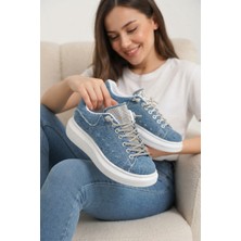 Zerenyus Silverhaven Premium Günlük Bağcıklı Ortopedik Taşlı Kadın Sneaker Mavi Kot