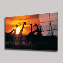 Steelartdec Afrika Gün Batımı ve Zürafa Sürüsü Cam Tablo – Safari Silüeti Yatay Duvar Dekoru
