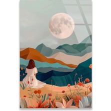 Steelartdec Dolunay, Dağ ve Çiçek Kadın Boho Cam Tablo
