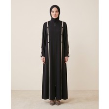 Kadın Biye ve Düğme Detaylı Fermuarlı Büyük Beden Tesettür Ferace Abaya