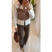 Moda Rüyası Bebe Plus Goblen Desenli Fermuarlı Oversize Kadın Gömlek Geniş Yakalı Uzun Kollu Şık Gömlek