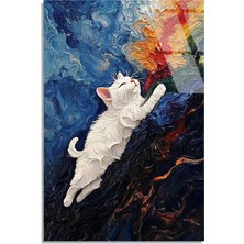 Steelartdec Beyaz Kedi Tırmanıyor Cam Tablo
