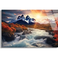 Steelartdec Dağ Nehri Gün Doğumu Cam Tablo