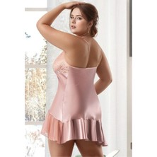 Nymora Büyük Beden Saten Gecelik - Vizon Dantel Kaplamalı ve Volan Etekli Plus Size Gecelik