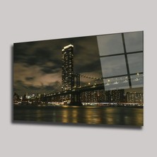 Steelartdec New York Manhattan Köprüsü Cam Tablo – Gece Şehir Manzarası Yatay Duvar Dekoru – Işıklı