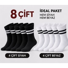 Germano 8 Çift Kolej Çorap Seti – 4 Siyah 4 Beyaz, Çizgili Unisex Spor ve Günlük Çorap