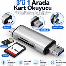 Type-C USB 3.0 3'ü 1 Arada Kart Okuyucu – Sd, Tf ve USB Otg Destekli Hafıza Kart Adaptörü