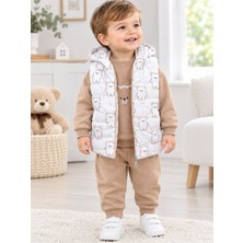 Bubiee Baby Erkek Bebek Sevimli Ayıcık Baskılı Kapüşonlu Yelekli 3'lü Sweatshirt Eşofman Alt Üst Takım