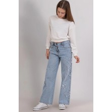 Mojo Bebek Mojo Kız Çocuk 9-14 Yaş Yıldız Nakışlı Denim  Palazzo Kot Mavi