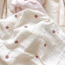 Caline Baby 2 Kat Nakışlı Müslin Kokina Desen Kırmızı - 110*110 cm
