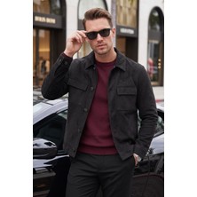 RizzUP Erkek Slim Fit Tüylenmeyen Kırışmayan Siyah Süet Ceket – Astarlı Gömlek Yaka 2704503