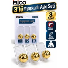Ellante Ibico 3'lü Yapışkanlı Altın Askı Seti Vidasız Montaj Güçlü Yapışkanlı Duvar Banyo Mutfak Kapı Askısı 2 kg