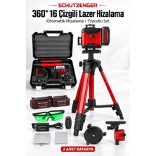 SCHUTZENGER 360° 16 Çizgili Yeşil Lazer Hizalama Cihazı Dijital Göstergeli Çift Akülü Tripodlu Çantalı Set – Kırmızı