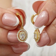Gumush Gümüş Gold Oval Taşlı Sallantılı Küpe