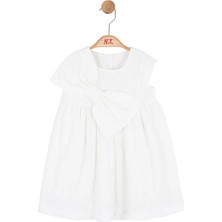 Nk Kids Kız Bebek 1-4 Yaş Fiyonklu Dokuma Kumaş Elbise Ekru