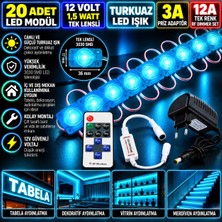 Powerr Led Aydınlatma 20 Adet 12V 1,5W Tek Lensli 3030 Turkuaz LED Modül 3A Priz Adaptör 12A Tek Renk Rf Dimmer Set