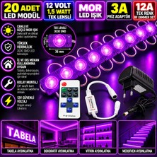 Powerr Led Aydınlatma 20 Adet 12V 1,5W Tek Lensli 3030 Mor LED Modül 3A Priz Adaptör 12A Tek Renk Rf Dimmer Set