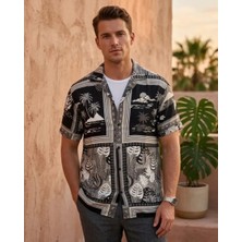 Can Moda Canmoda Erkek Siyah Beyaz Etnik Desenli Oversize Küba Yaka Gömlek