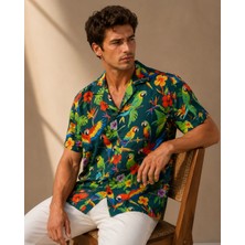 Can Moda Canmoda Erkek Petrol Yeşili Papağan ve Tropikal Çiçek Desenli Relax Fit Yazlık Gömlek