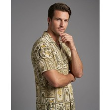 Can Moda Canmoda Erkek Hardal Tropikal Desenli Küba Yaka Kısa Kollu Oversize Gömlek