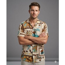 Can Moda Canmoda Erkek Apaş Yaka Etnik Desenli Viskon Kısa Kollu Gömlek