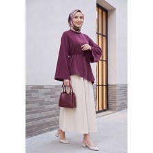 Moda Morfo Asimetrik Kesim Beli Bağcıklı Oversize Modal Tunik  -Mürdüm