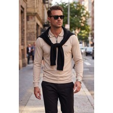 RizzUP Erkek Slim Fit Tüylenmeyen Fermuarlı Polo Yaka Bej Sweatshirt – Yumuşak Dokulu Sweat 2708517
