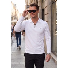 RizzUP Erkek Slim Fit Tüylenmeyen Fermuarlı Polo Yaka Beyaz Sweatshirt – Yumuşak Dokulu Sweat 2708517