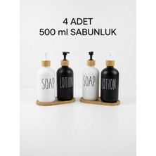 Aden Glass 2'li Cam Sıvı Sabunluk Seti 2 Takım – Siyah Beyaz Mat Mutfak Banyo Sabunluk Takımı – Ahşap Bambu Tablalı