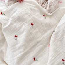 Caline Baby 2 Kat Nakışlı Müslin Lale Desen Kırmızı  110*110 cm