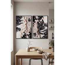 Siyah Ahşap Çerçeveli Siyah Bej Soyut Modern Duvar Tablosu 2’li Set  Kabartma Görünümlüdür