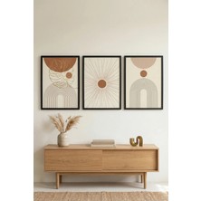 Siyah Ahşap Çerçeveli Boho Güneş Geometrik Soyut Modern Duvar Tablosu 3’lü Set  Kabartma Görünümlüdür