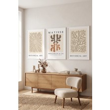 Beyaz Ahşap Çerçeveli Bej Matisse Botanik Sanat Üçlü Duvar Tablosu Modern Minimalist Dekorasyon Kabartma Görünümlüdür