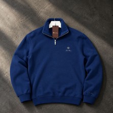 Süprem Erkek Saks Mavisi Yarım Fermuarlı Sweatshirt Dik Yaka Uzun Kollu