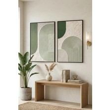 Siyah Ahşap Çerçeveli Yeşil Geometrik Soyut Modern Duvar Tablosu 2’li Set  Kabartma Görünümlüdür