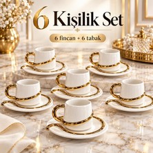 Valkyrie 6 Kişilik Siyah Gold Detaylı Türk Kahvesi Fincan Takımı 12 Parça Çeyizlik Hediyelik Beyaz