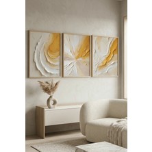 Doğal Ahşap Çerçeveli Soyut Altın Dokulu Modern Duvar Tablosu 3’lü Set Kabartma Görünümlüdür