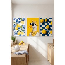 Beyaz Ahşap Çerçeveli Mavi Sarı Limon Temalı Duvar Tablosu 3’lü Set Eğlenceli Ördek ve Meyve Desenli Modern Dekorasyon Kabartma Görünümlüdür