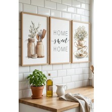 Doğal Ahşap Çerçeveli Home Sweet Home Mutfak Temalı Duvar Tablosu 3’lü Set  Kabartma Görünümlüdür