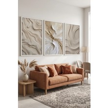 Beyaz Ahşap Çerçeveli Bej Soyut Dokulu Modern Duvar Tablosu 3’lü Set  Kabartma Görünümlüdür