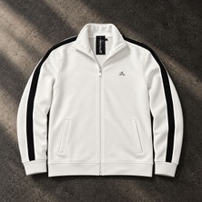 Süprem Erkek Beyaz Fermuarlı Dik Yaka Sweatshirt Siyah Şerit Detaylı Spor Üst